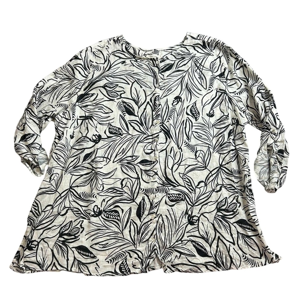 Christian Siriano 100% Linen Botanical Print Roll Tab Button Down Tunic Top 3X